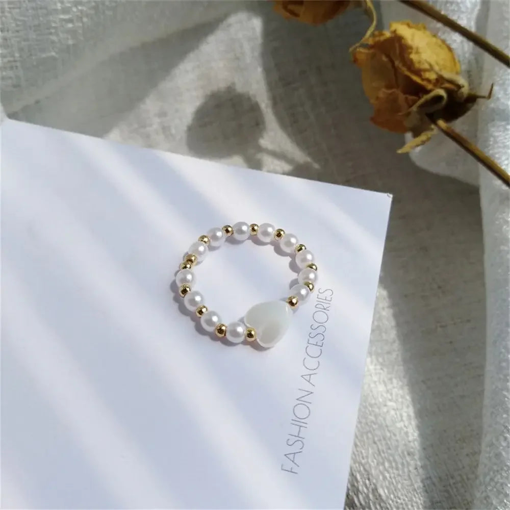 Elegant Heart Imitation Pearl Rings for Women Fairy Vintage Simple Retro Index Finger Ring White Sweet Minimalist Jewelry Gift