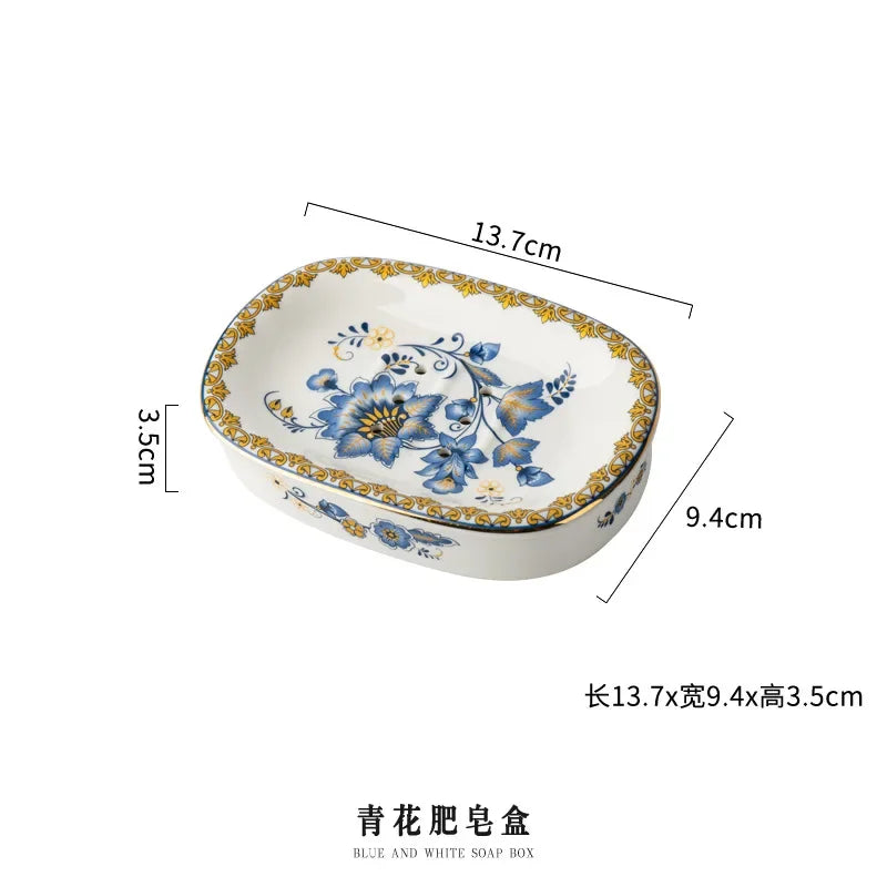 Creative Gold-plated Painted Flower Soap Dish Household Ceramic Drain Double Soap Box Storage Shelf Bathroom Accessories Modern