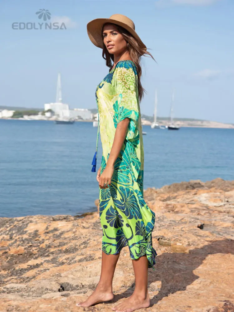 2025 Quick-drying Bohemian Printed Loose Summer Beach Dress Moroccan Kaftan Women Plus Size Beachwear Tassel Midi Dress Q897