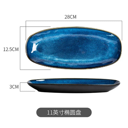 Japanese Blue Kiln Change Ceramic Tableware American Tableware Retro Household Dishes Set Rice Bowl Dishes Restaurant Plate