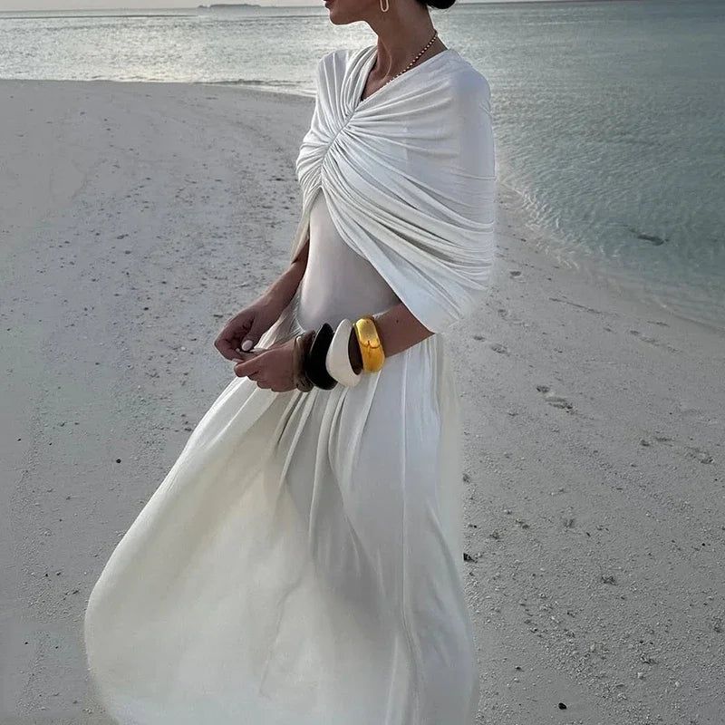 Women Shawl Patchwork Folds High Street Dresses Summer Ladies Elegant Temperament White Lady Chic Evening Gown For Women 2025