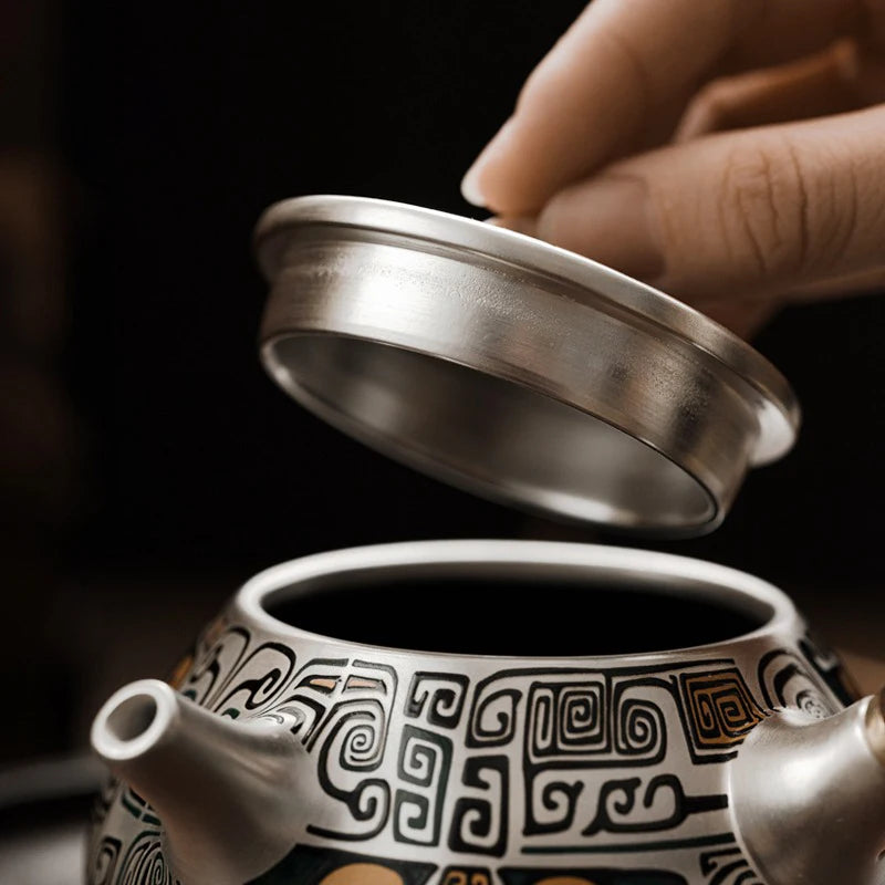 Silver Tea Set 999 Pure Silver Side Handle Stone Ladle Teapot Handmade Gilded Silver Teapot Household Kung Fu Teapot