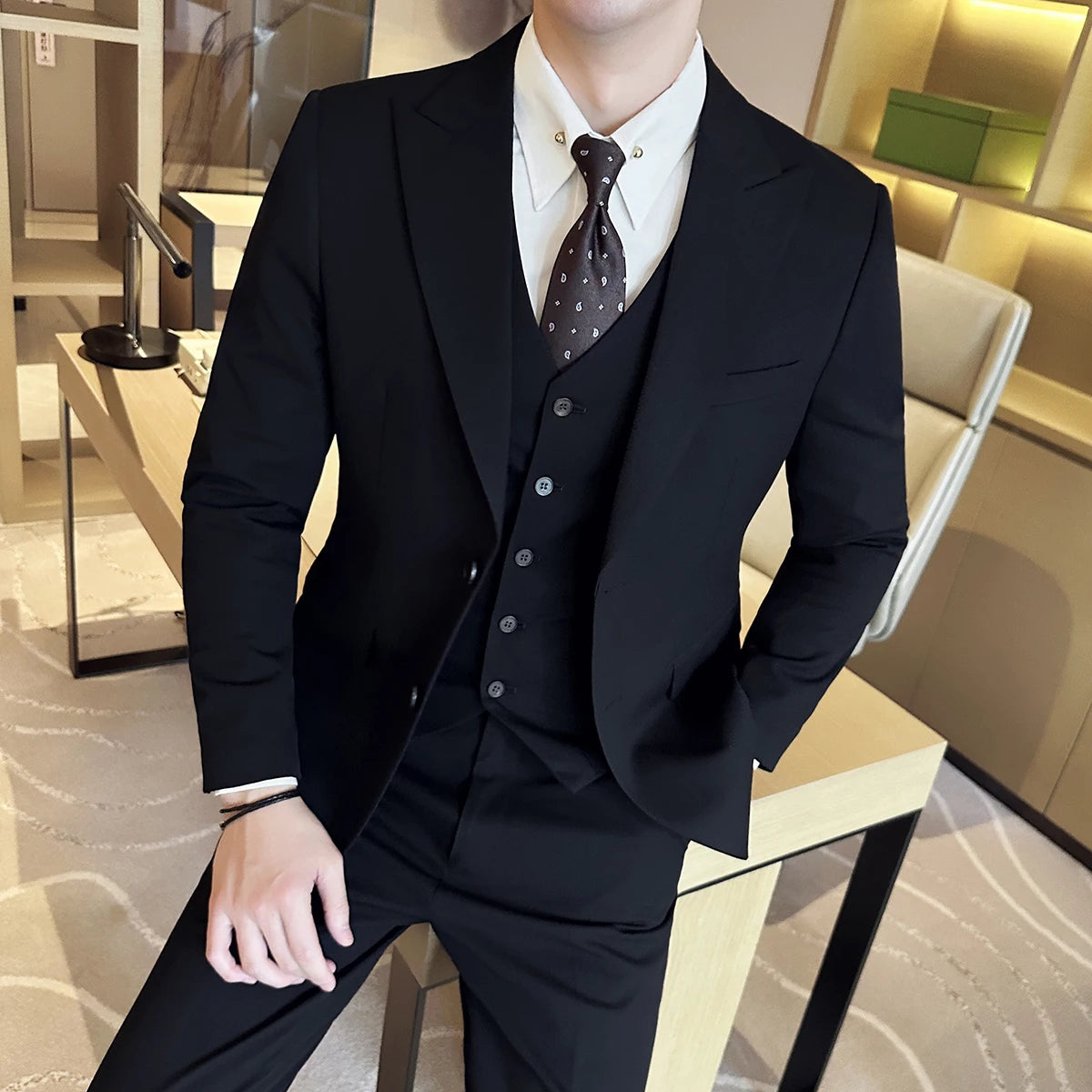 (Jacket + Vest + Pant) Men's Formal Slim Fit Business Work Wedding Stage Tuxedo Fashion Best Men Social Dress Suit 3 Pieces Set