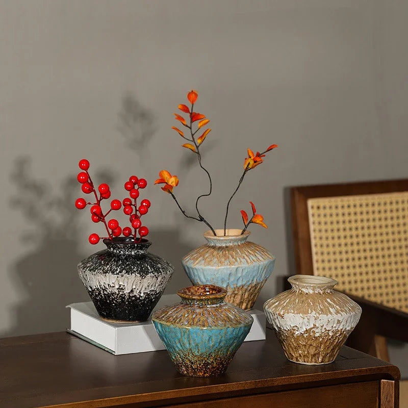 European Style Retro Style Ceramic Vase Living Room Advanced Sense Coarse Clay Pot Simple Dried Flower Arrangement Decoration