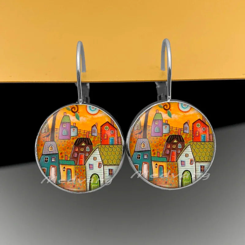 2024 Natural Scenery Earrings beautiful village Women Stud Earring  Abstract Oil Painting House Glass Cabochon Earrings  jewelry