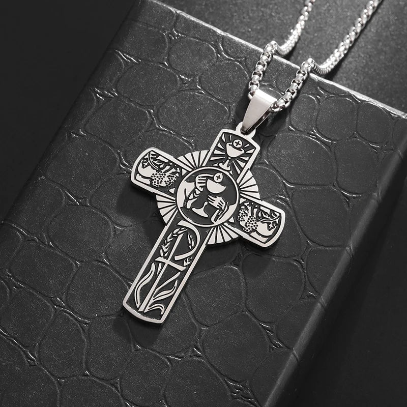 Stainless Steel Christian Eucharist Halo Grape Juice Cross Necklace Men Women Catholic Holy Spirit Church Jewelry