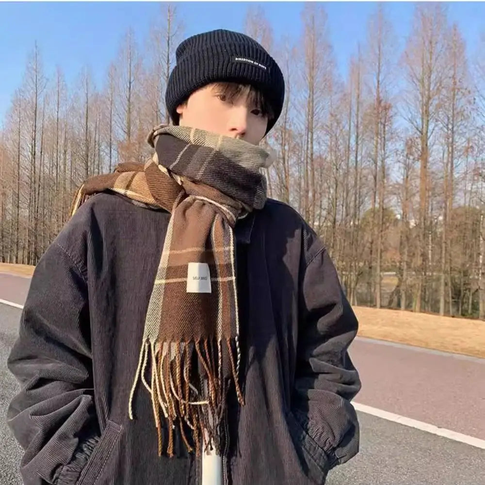 Thicken Tassel Plaid Wool Scarf Retro Green Plush Long Shawl Cashmere Shawl Wool Scarves Cape Wraps Autumn Winter