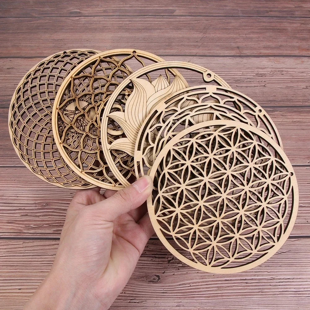 1PCS Chakra Flower of life Natural Symbol Wood Round Edge Circles Carved Coaster For Stone Crystal Set DIY Decor Mats Pads