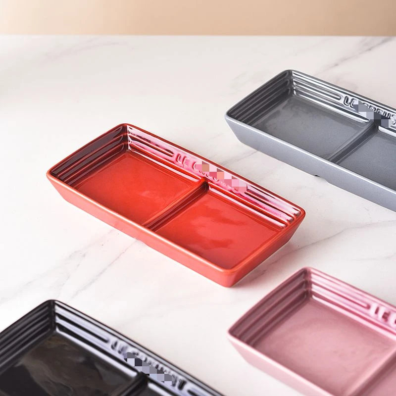 Color Japanese Style Grid Dipping Dish Seasoning Dish Ceramic Pickled Vegetables Snacks Separated Barbecue Dipping Home Use