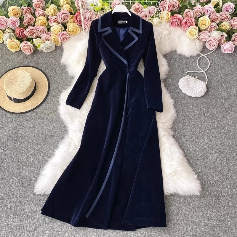 Autumn Winter Velvet Trench Blazer Dress Women Suit Coat Long Sleeve Solid Office Lady Work Dresses Windbreaks