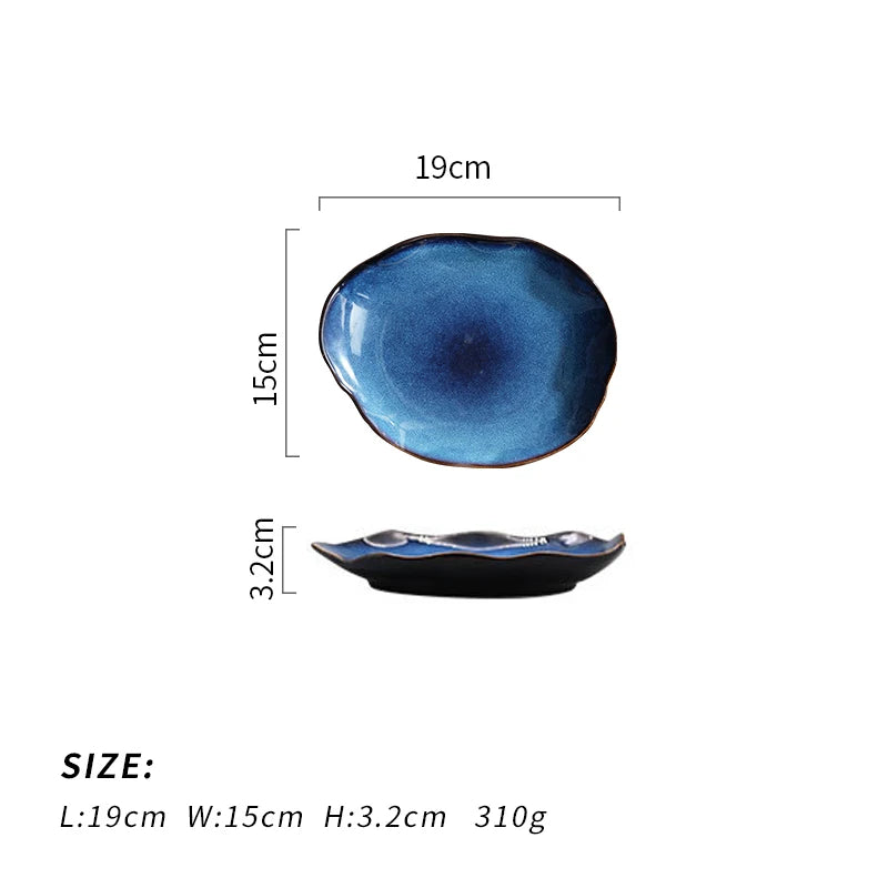 Ceramic Salad Plate Lrregular Food Dish Kitchen Supplies European Blue Glaze Pottery Dinner Plates Household Tableware