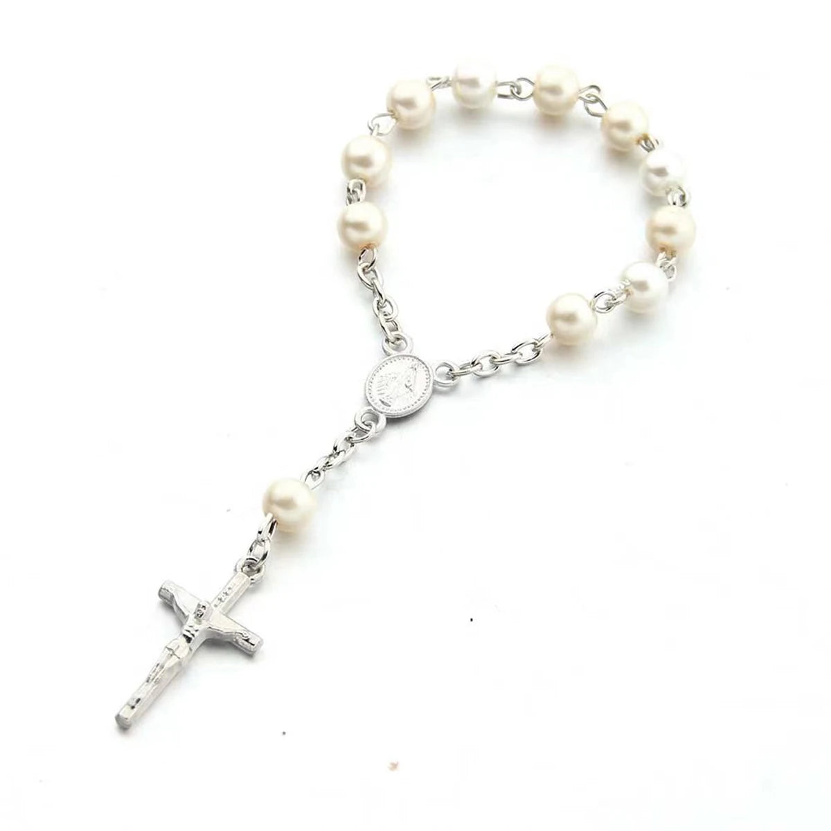 1Pcs Baby 6mm Glass Pearl Rosary Bracelet Eucharist Gift Cross Finger Chain Religion Mini Rosary Bracelet Pray