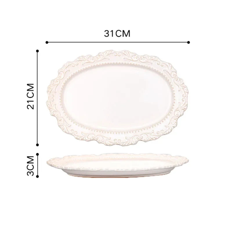 French Baroque Vintage Relief Dinner Plate Nordic Vintage Solid Color Carving Craft Dishes and Plates Sets Household Kitchenware