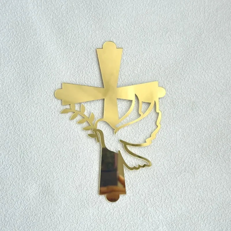 Cross Christ Jesus Birthday Cake Topper Gold Acrylic Dove Cross for Eucharist Baby Baptism Party Cake Toppers Dessert Decoration