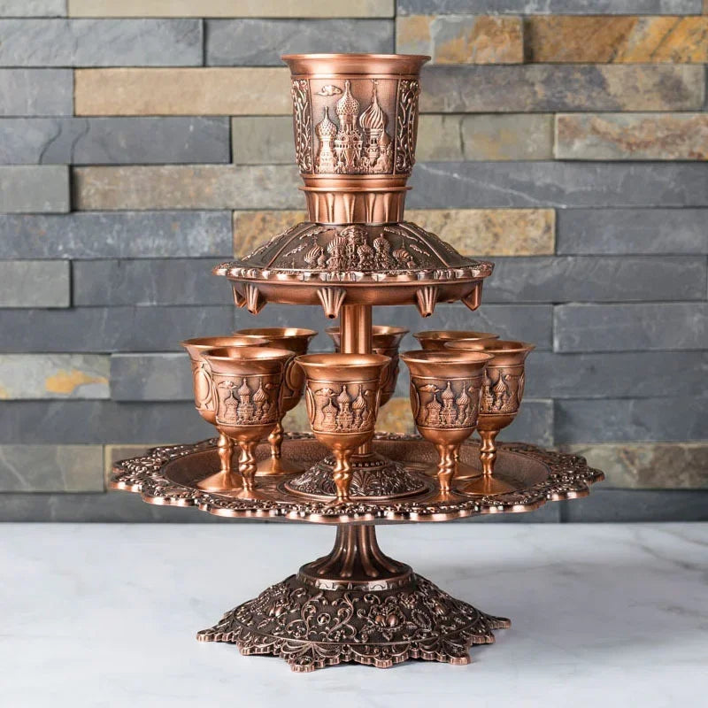 Kiddush Cup & Fountain, Dinner Gathering Wine Pouring Pot Dispenser, Wine Glass Holder Gift Set Copper Alloy