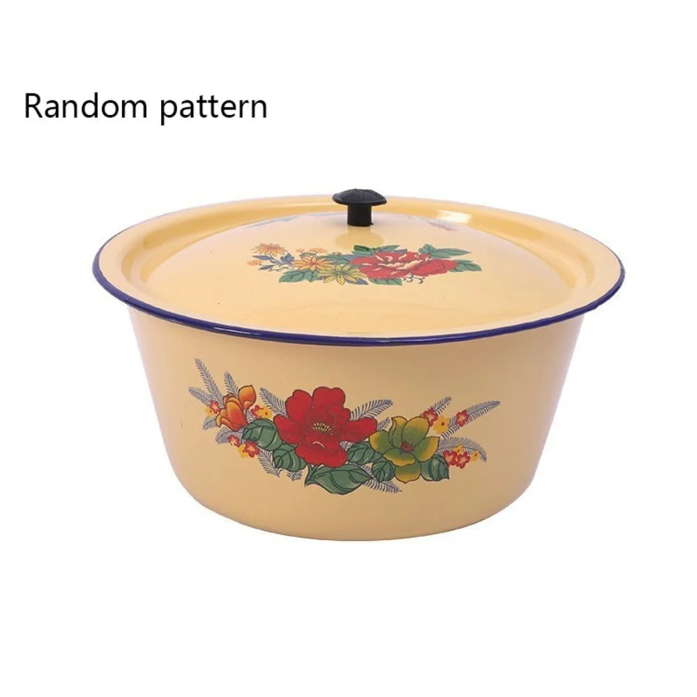 Food Storage Pot Vintage Enamel Bowls with Lid Yellow Lard Pot Random Pattern Rustproof Soup Container Noodle