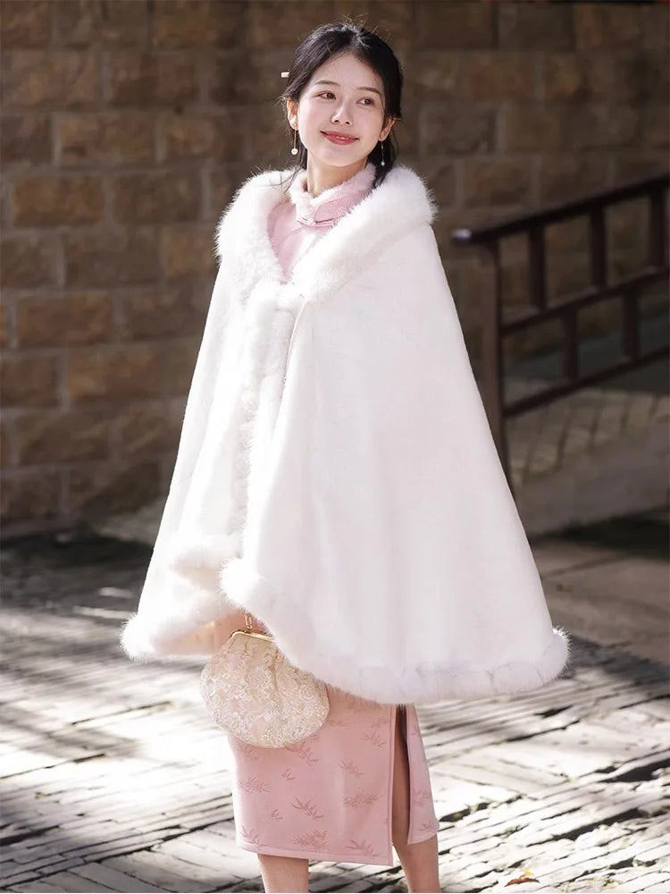 Elegant Princess Full Trim Handwork Faux Fur Cape Outerwear Women Winter Comfort Plush Cloak Wraps Wedding Shawl Coat Thicken