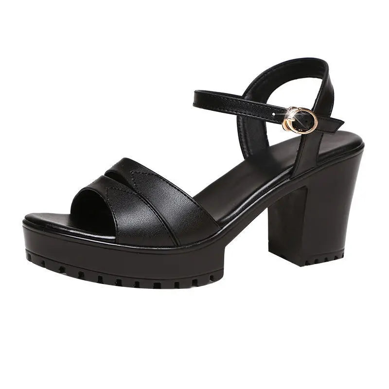 Soft leather high-heeled sandals for women's summer mid heel, thick heel, waterproof platform model runway sandals