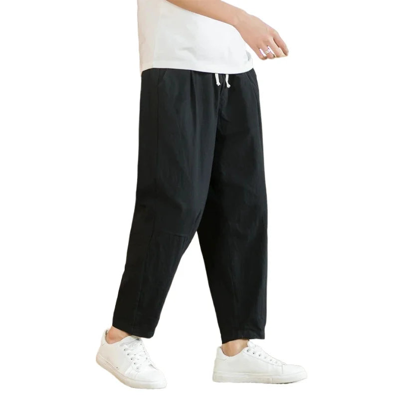 New Cotton Linen Mens Pants Casual Solid Color Breathable Streetwear Loose Straight Drawstring Baggy Lightweight Sport Pants