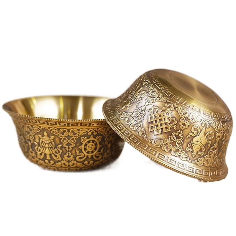Relief Pure Copper Drinking Bowl Pure Brass Carved Auspicious Tibetan Holy Water Cup Golden Buddhist Bowl Home's Gift Decorative