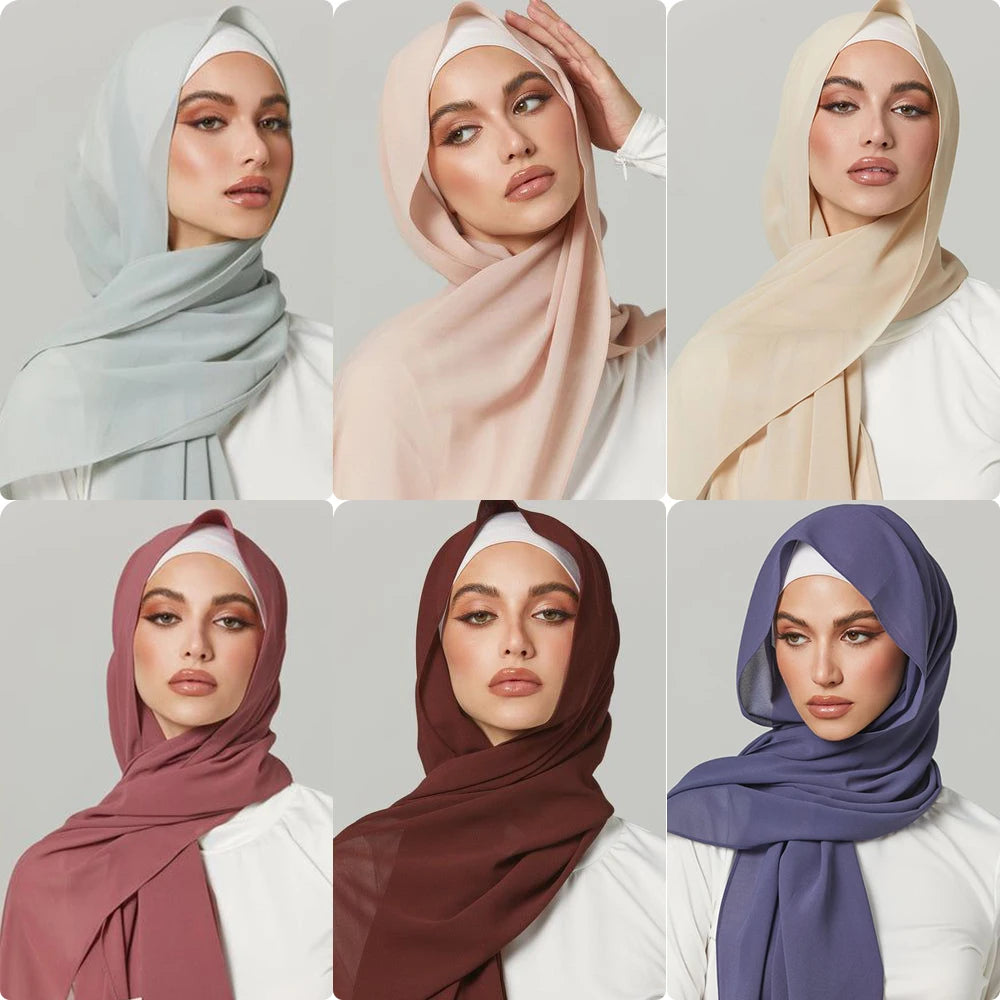 Fashion Pearl Chiffon Hijab Shawls Of Muslim Women Solid Color Head Wraps Scarf For Ladies
