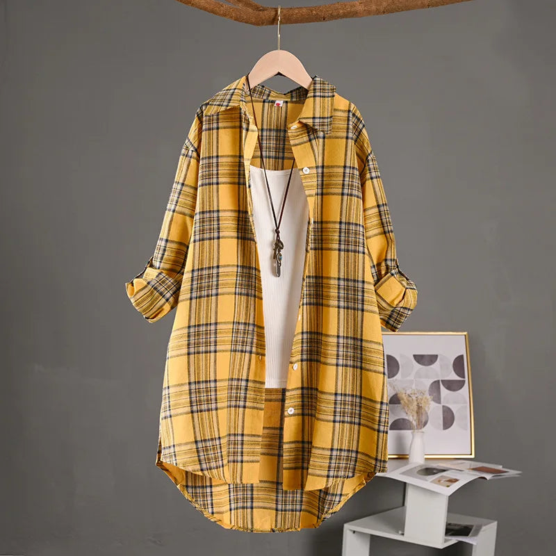 Women's Cotton Linen Plaid Shirt Mid-length Outer Wear Sun Protection Spring and Summer Loose Thin Jacket