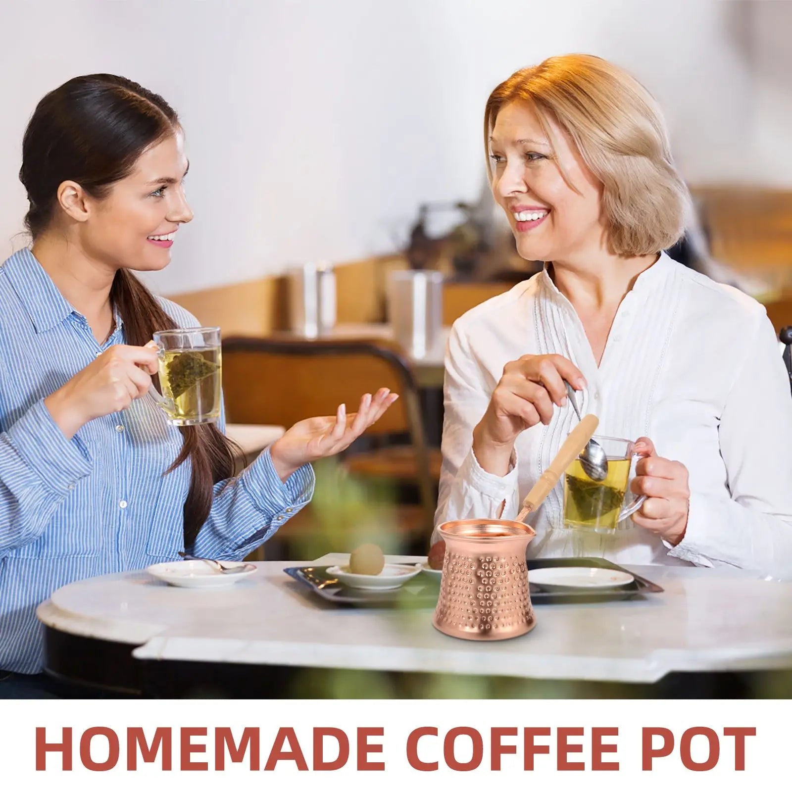 Turkish Coffee Pot Milk Jug with Wooden Handle Kitchen Coffee Heating Pot Copper Alloy Drinkware, 350ml for Home Espresso