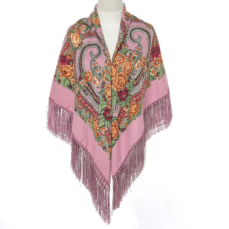 Women Luxury Floral Printed shawl Scarf for woman Square Babushka Handkerchief Head Wraps cardigan  Bohemia Retro Fringed Cape