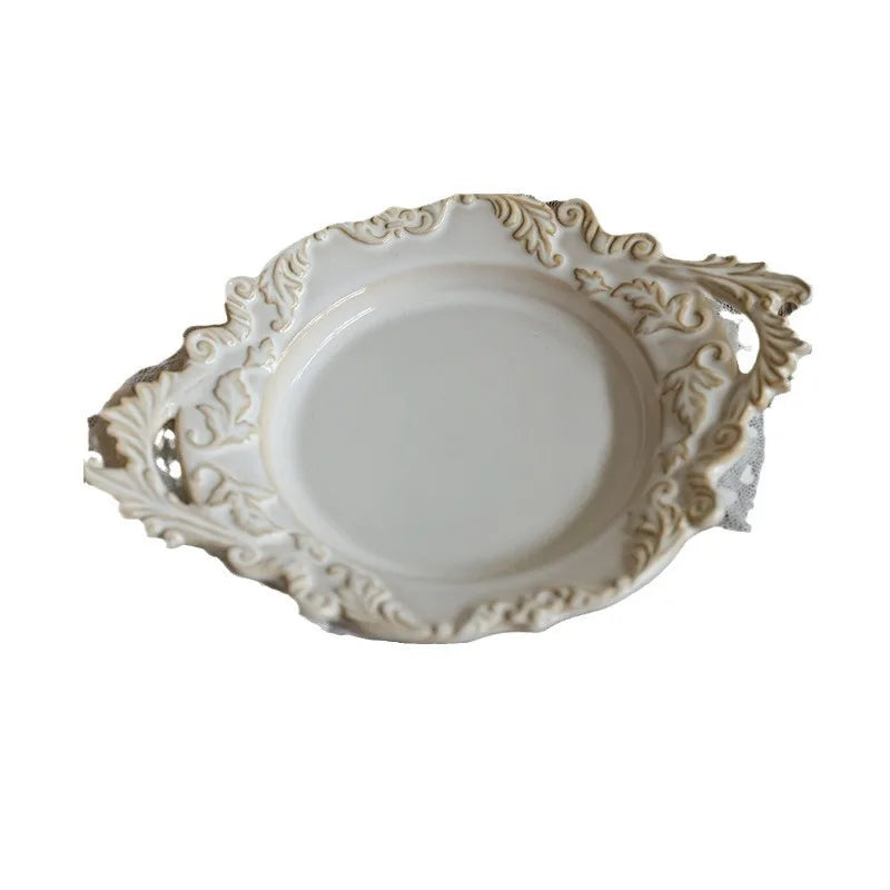 French Retro Relief Plate Ceramic Spaghetti Plate Binaural Dessert Western Food Plate Light Luxury Tableware