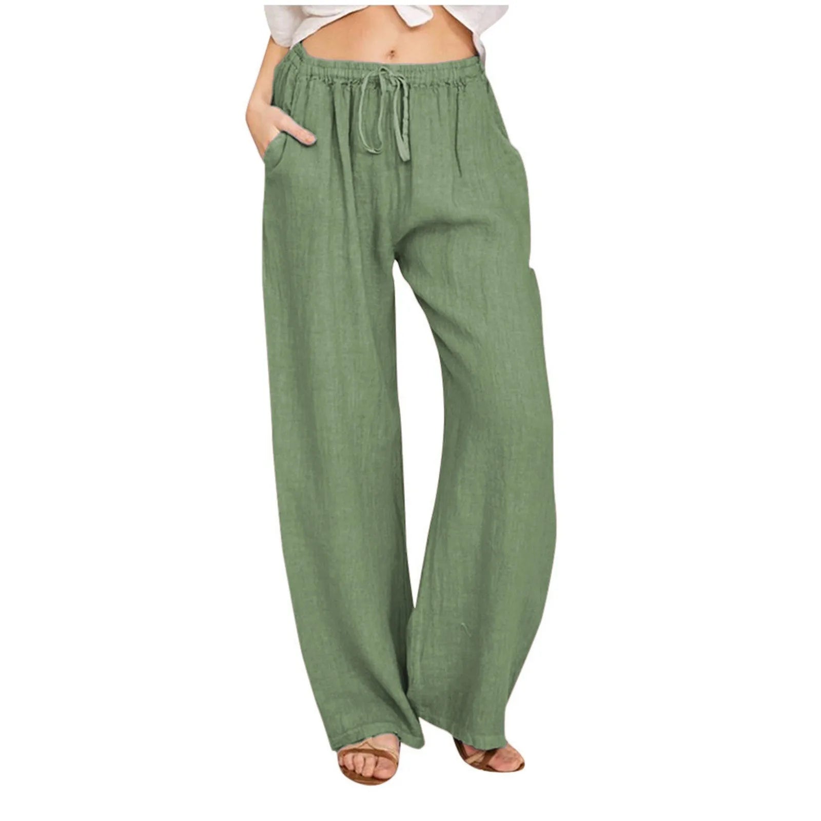 2024 Spring Summer Linen Cotton Wide Legged Pants for Women High Waist Solid Color Crop Pants Elastic Waist Casual Loose Pants