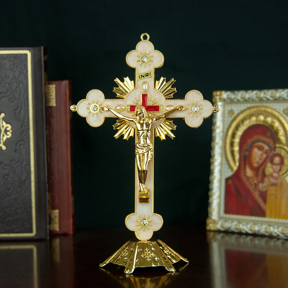Religious Vintage Catholic Jesus Cross with Stand - Standing Crucifix for Home Decor
