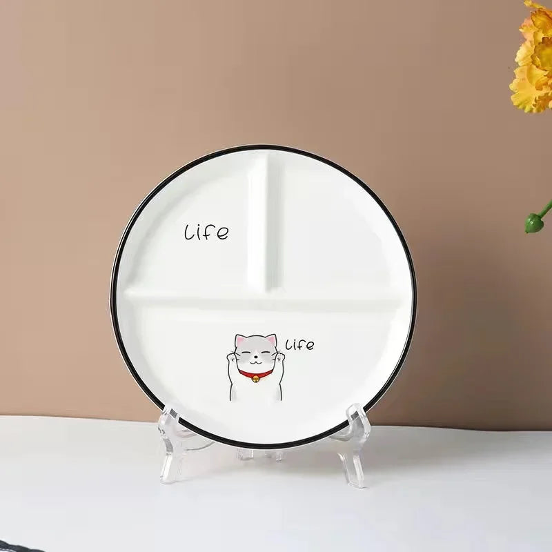 Ceramic Plate Cartoon Fat-reducing Sub-plate, Sub-plate, Household Dish Plate, Three-plate Breakfast Plate, Tableware Gift Set