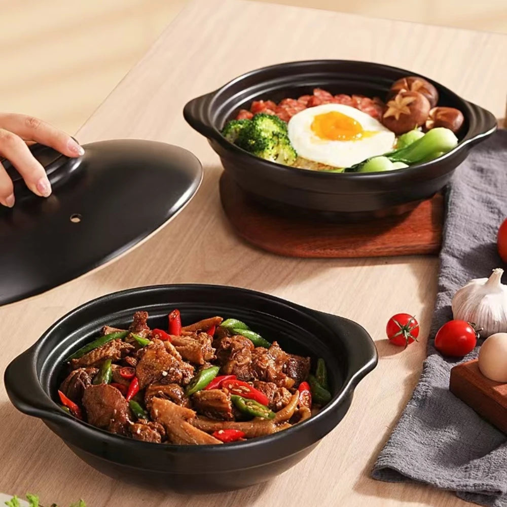 1 ceramic clay pot with lid - Traditional Asian style restaurant grade clay pot for cooking delicious rice, shallow stone bowl