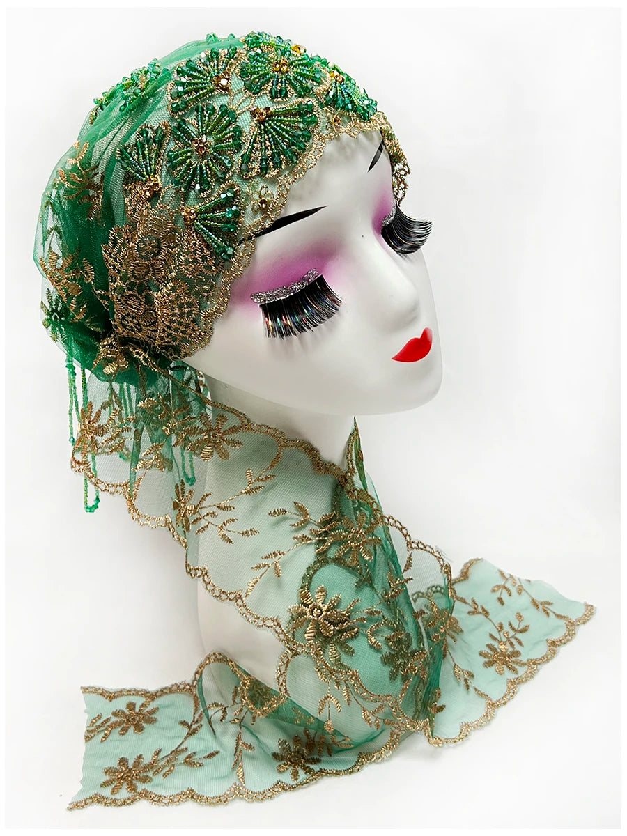 Explosive Head Cover Mesh Fabric Hand-Embroidered Hanging Beaded String acrylic Ribbon Hats Dubai New Muslim Arabic Worship Hat