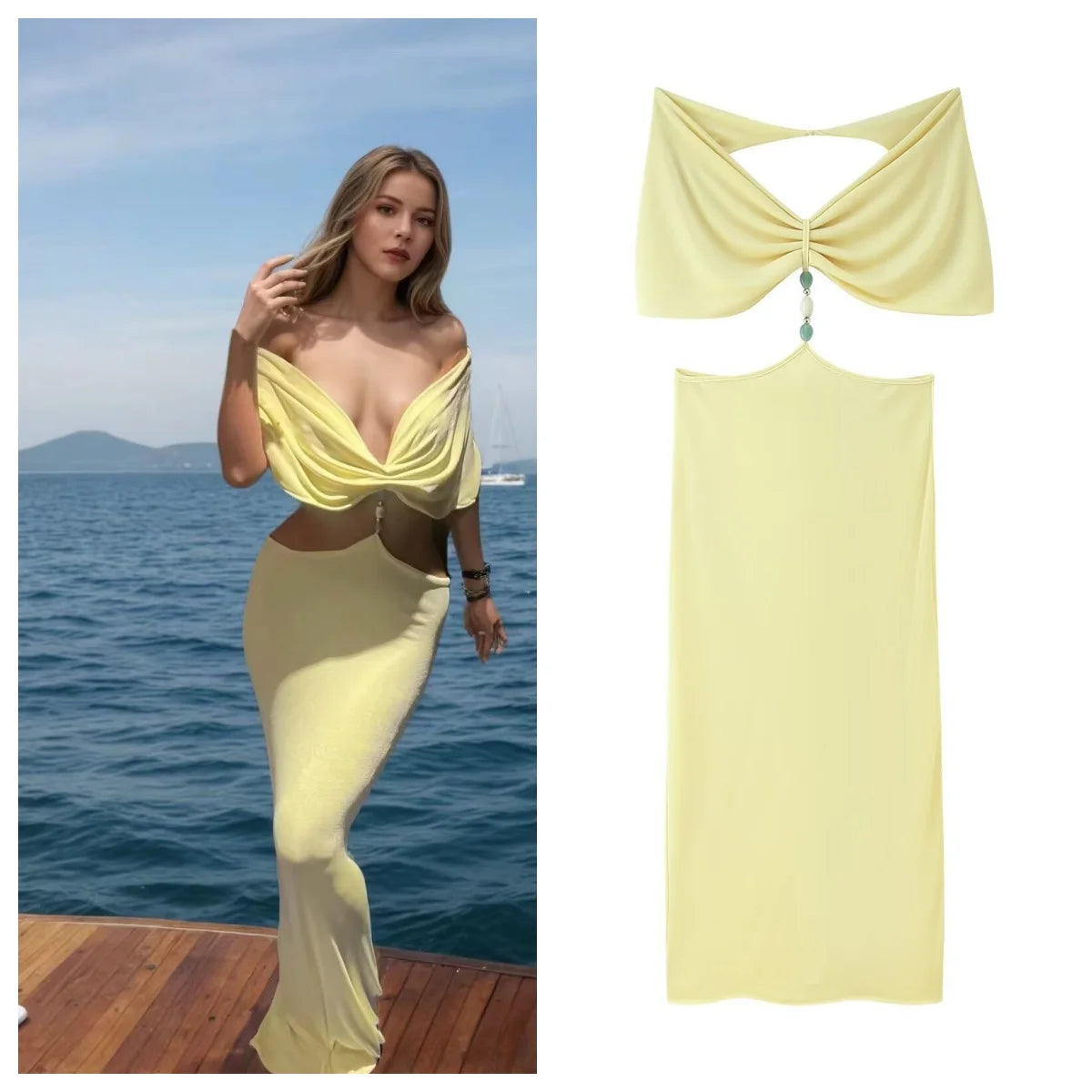 European and American style 2025 new shawl pleated handmade beads sexy backpack hip dress