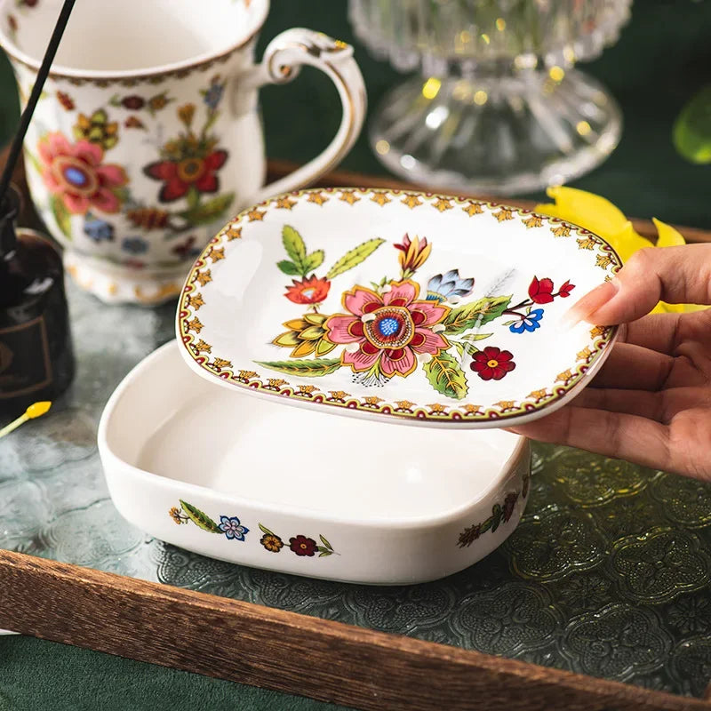 Creative Gold-plated Painted Flower Soap Dish Household Ceramic Drain Double Soap Box Storage Shelf Bathroom Accessories Modern