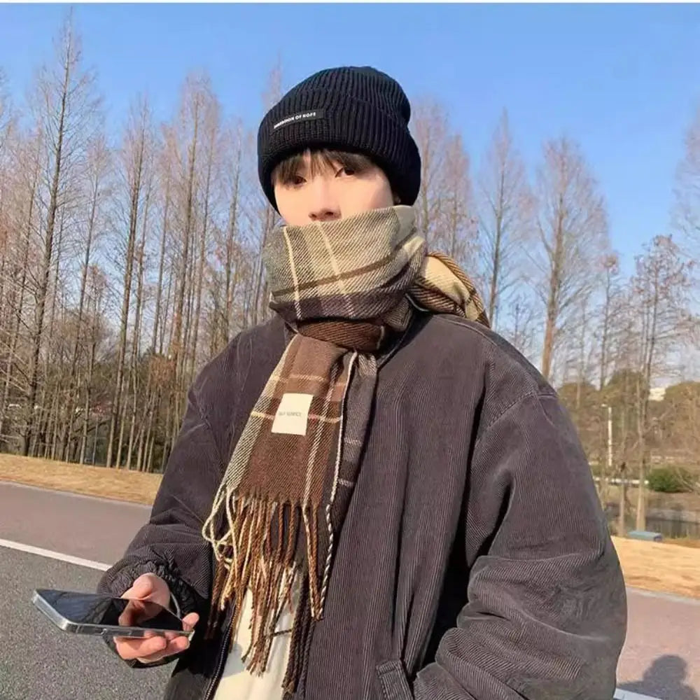 Thicken Tassel Plaid Wool Scarf Retro Green Plush Long Shawl Cashmere Shawl Wool Scarves Cape Wraps Autumn Winter