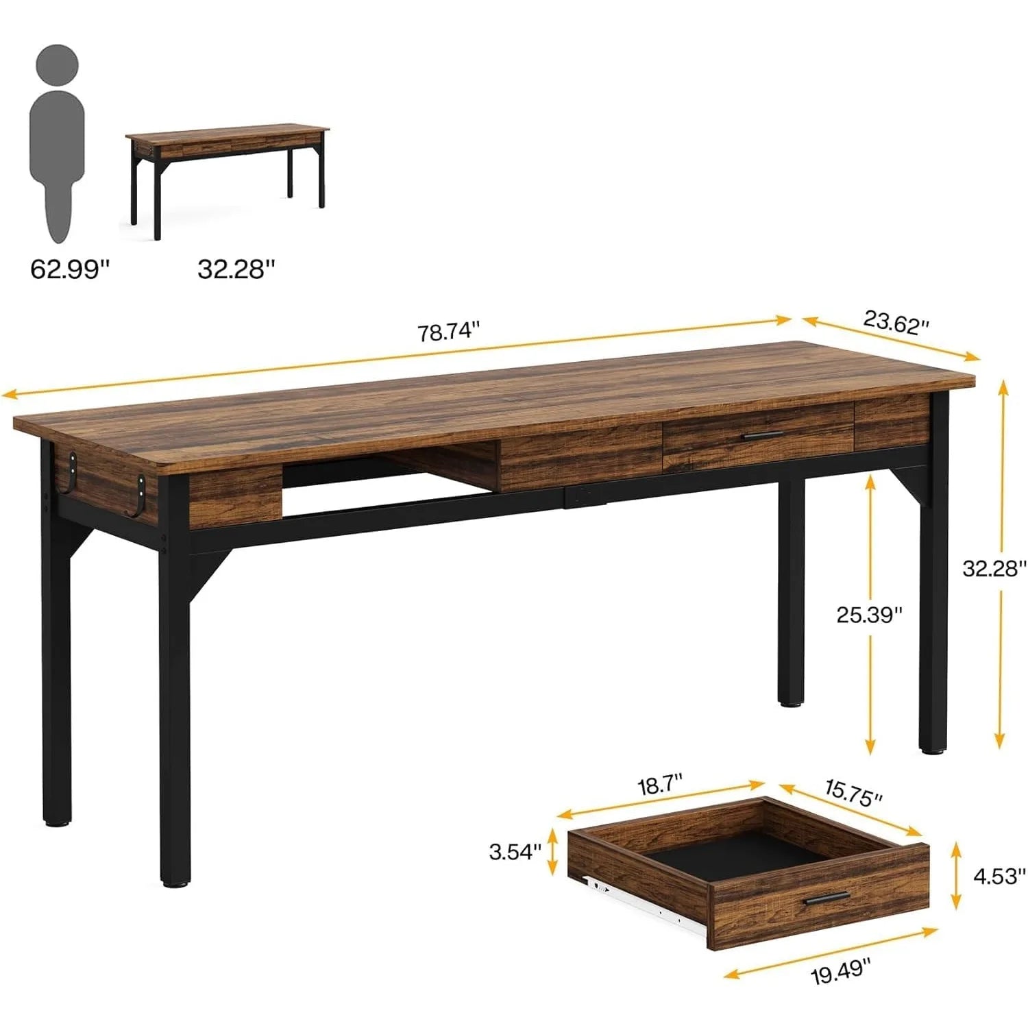 Computer Desk, 200 x 60 x 82 cm, Double Long Desk with 2 Drawers, Office Table, Work Table, Office Furniture