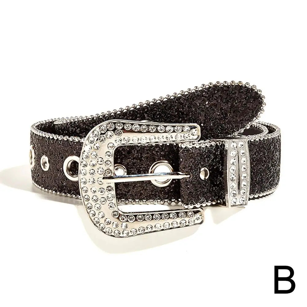 Skull Rivet Rhinestone Bb Belts Trendy Solid Color Sparkling PU Leather Belt Cowboy Cowgirl Jeans Pants Belt For Women Girls