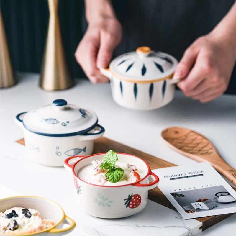 Ceramic Bowl Cartoon Double Ear Bowl with Lid Kid Food Supplement Bowl Ramen Bowl Salad Food Containers Microwave Oven Tableware