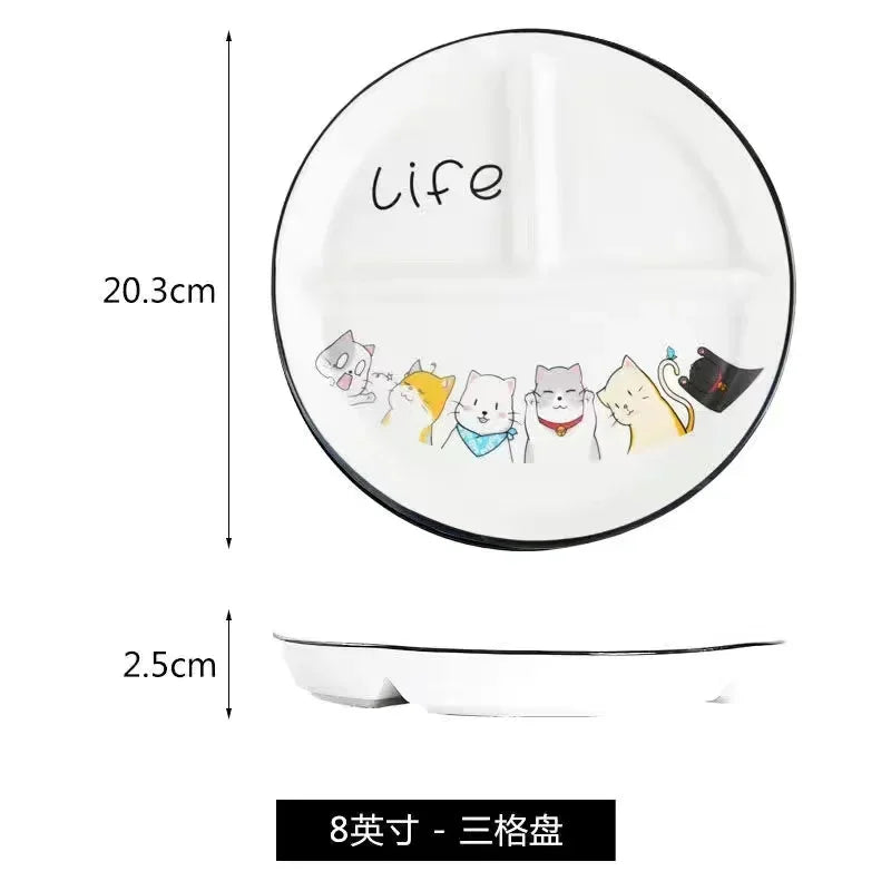 Ceramic Plate Cartoon Fat-reducing Sub-plate, Sub-plate, Household Dish Plate, Three-plate Breakfast Plate, Tableware Gift Set
