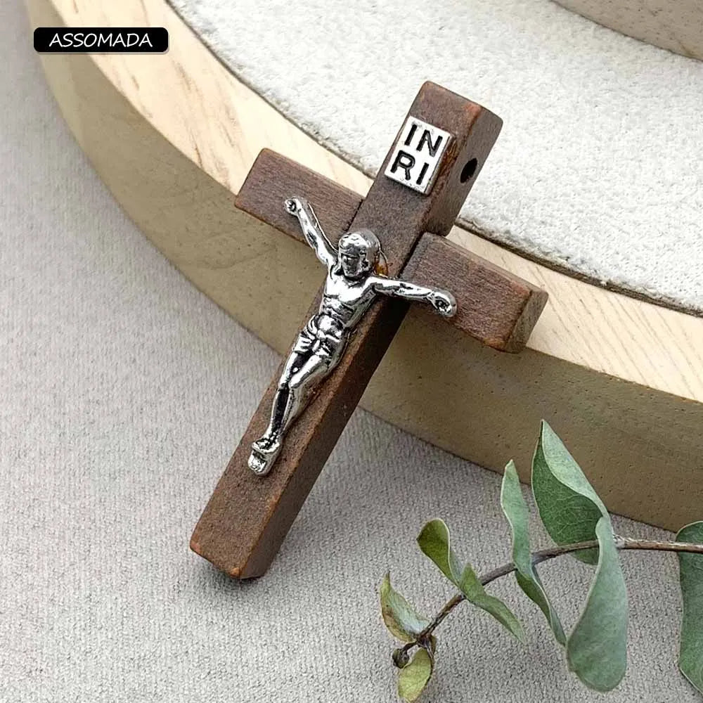 ASSOMADA 6pcs Wooden Cross Jesus Pendant For Jewelry Making Necklaces Christian Crosses Charms Accessories DIY Supplies