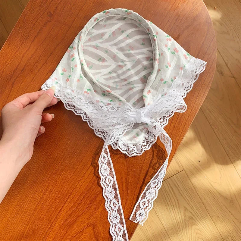 Red Woven Plaid Lace Hair Scarf Wraps Women Retro Triangle Headscarf Hat Travel Photo Headband Girl Hair Accessories