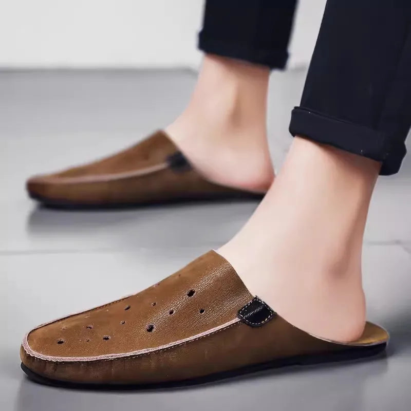 Genuine Leather Slippers For Men Slip on Flats Shoes Walking Shoes Men Half Slippers Comfortable  Household Casual Beach Sandals