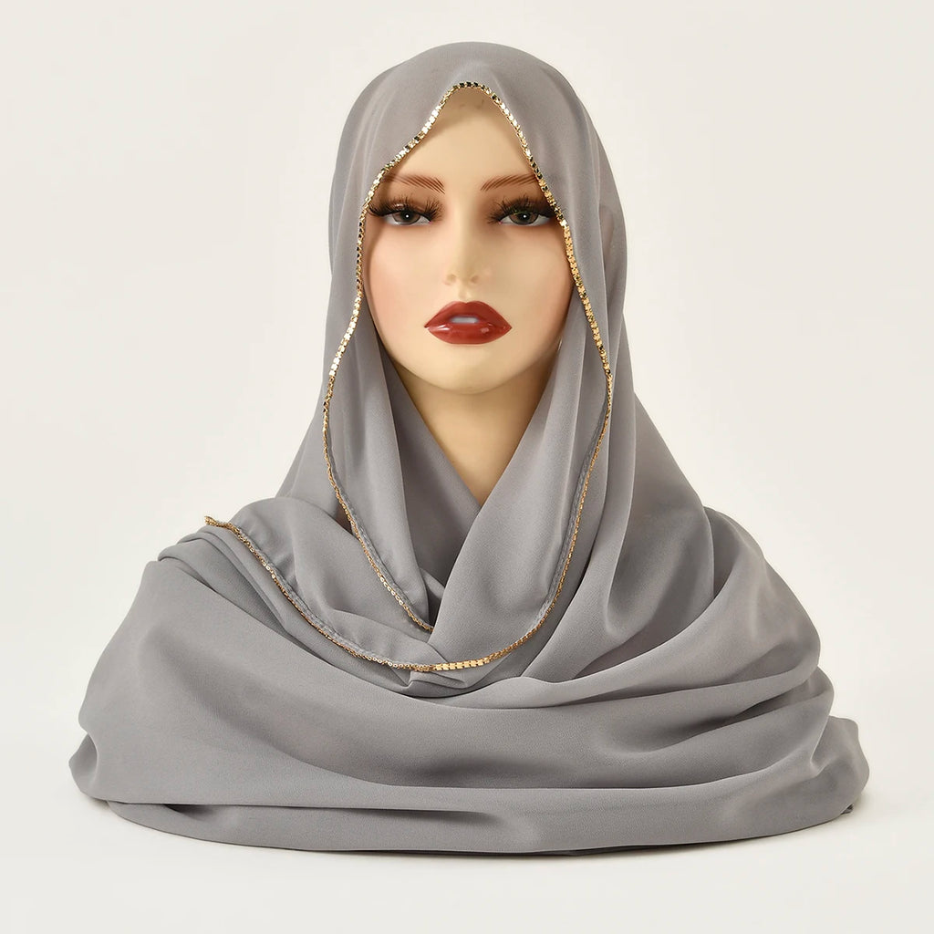 Rhinestone Chiffon Hijab Scarf For Women Stretch Shawl Plain Muslim Headband Fashion Solid Color Long Muffler