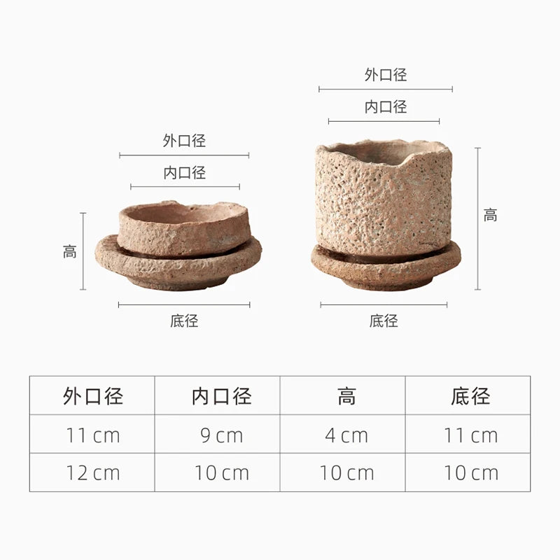 Home handmade clay pot retro hammer pattern desktop green plant small pot with tray ceramic red pottery pot