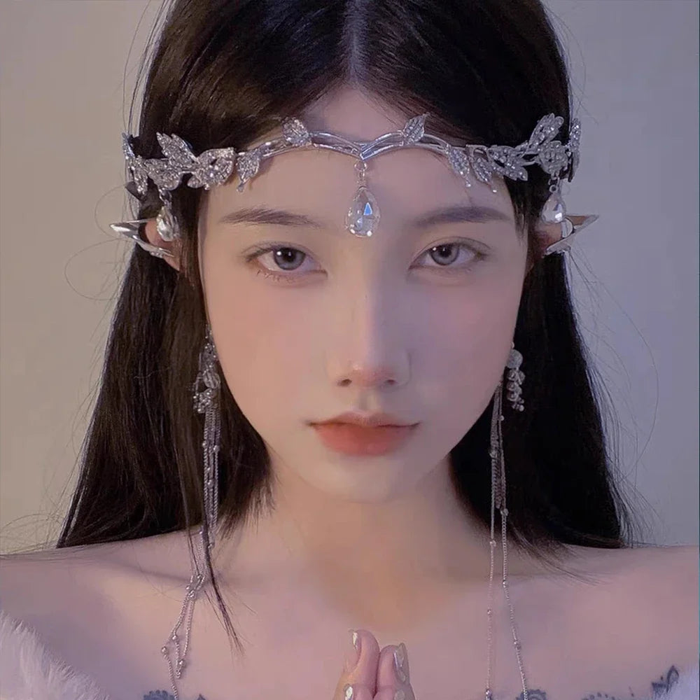 Wedding Bridal Headband for Brides Crystal Teardrop Rhinestone Leaf Hair Accessory Elf Crown Tiara for Elf Cosplay Party