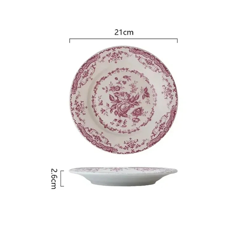 8/10Inch French Vintage Rose Ceramic Plate European Style Dinner Dishe Plates Salad Dessert Dinner Dish Household Art Tableware