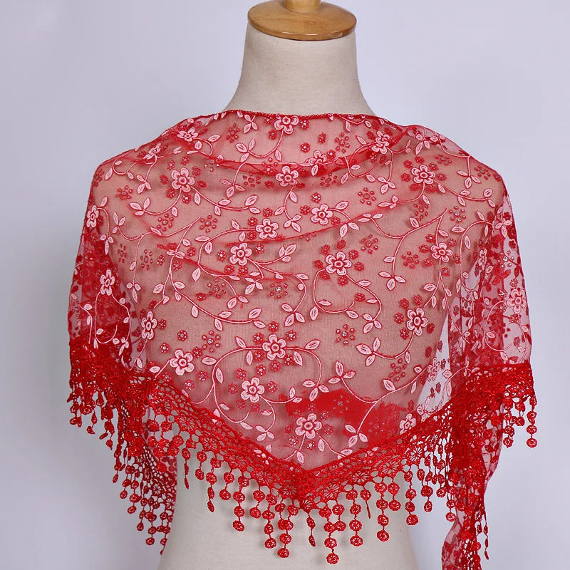 160*50cm Women Tassel Triangle Scarf for Church Prayer Shawl Embroidered Lace Veil Floral Headcovering Veils for the Church's