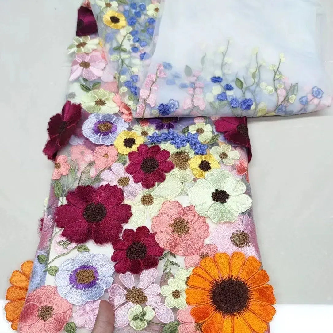 Unilateral embroidered cloth 3D applique embroidered fabric high-end women's dresses wedding dress material